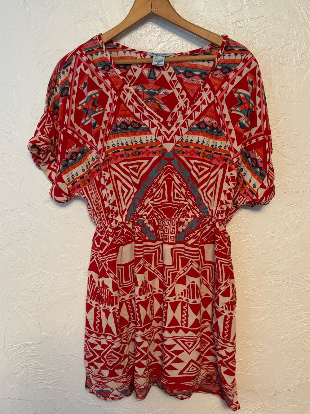 Red Teal Geometric Print Short Dress with Pockets Size S